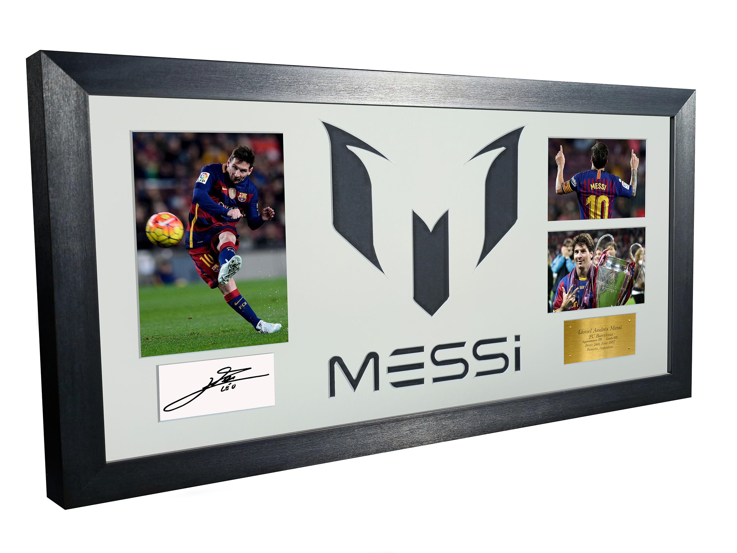 Lionel Messi Celebration With Precision Cut Logo Barcelona Signed Autographed Signature Photograph Picture Frame Football Soccer Poster Gift White Mount