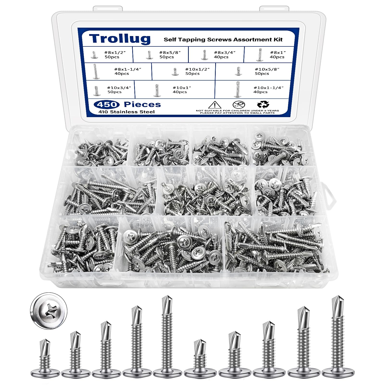 Photo 1 of 450PCS Self Tapping Screws for Metal, 410 Stainless Steel Self Drilling Screws #8#10 Truss Head Sheet Metal Screws Assortment Kits, Length 1/2"" to 1-1/4'' (Silver)