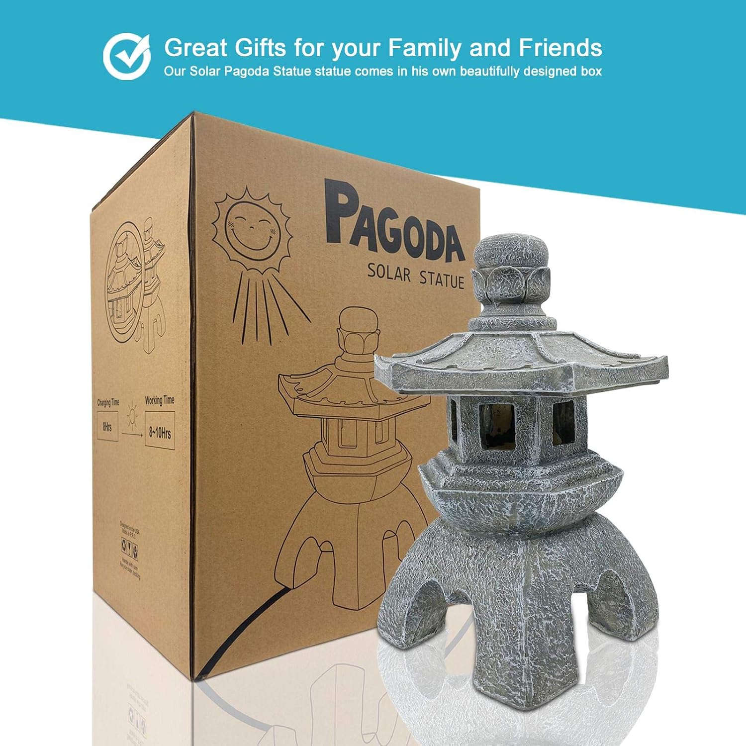 Goodeco Solar Pagoda Lantern Statue Garden Ornaments,Outdoor/Indoor Zen Asian Decor for Landscape Balcony,Garden,Patio,Porch Yard Art Ornament Gifts,Polyresin,Gray stone finish - Image 4