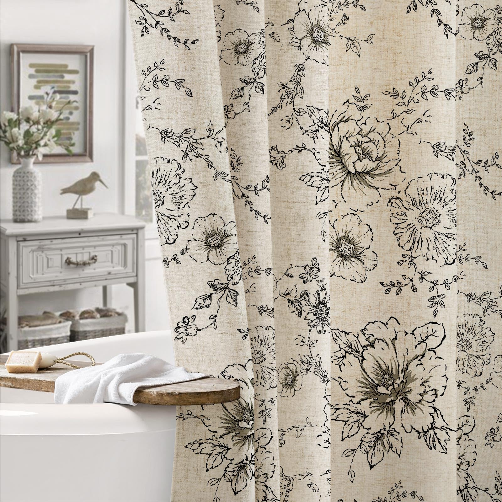 Photo 1 of **USED*** Awellife Farmhouse Vintage Shower Curtain Black Pattern Floral Linen Rustic Tattoo Shower Curtains for Bathroom, Tan Taupe, 72 Wx72 L