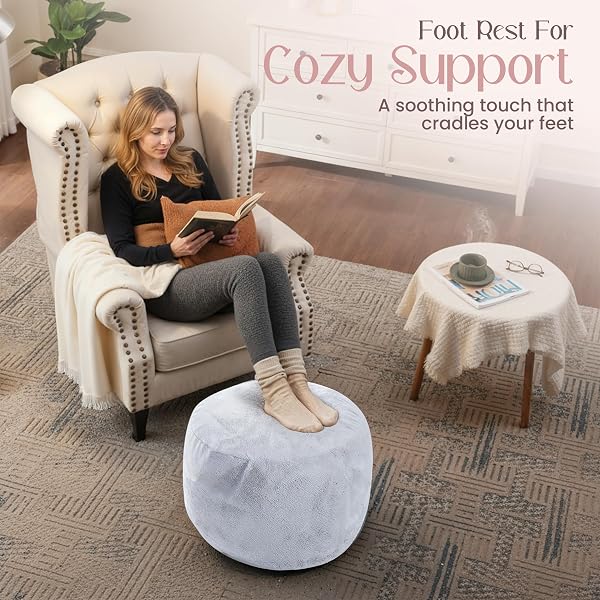 MUNIVO COZY PLUSH GREY POUF | LIVING ROOM OTTOMAN FOOTREST AT 20 X 15 INCHES | SOFT, NON-SHEDDING ROUND STOOL SOFA OTTOMAN WITH SUPPORTIVE FOAM FILLING | FOOT REST FOR COUCH