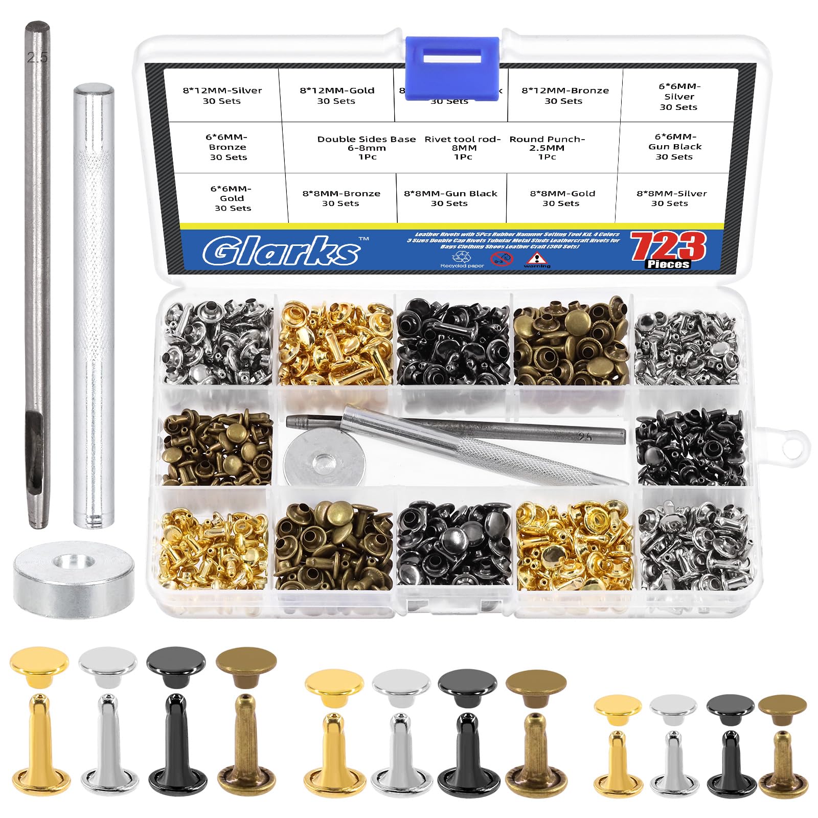 Glarks 360 Sets Leather Rivets with 3Pcs Setting Tool Kit, 4 Colors 3 Sizes Double Cap Rivets Tubular Metal Studs Leathercraft Rivets for Bags Clothing Shoes Leather Craft