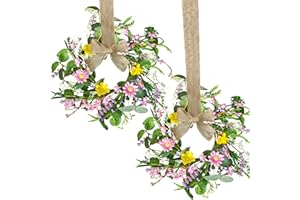 2Pcs Mini Spring Wreath for Kitchen Cabinet - 9.84 Inch Floral Egg Wreath with Ribbon Bow, Farmhouse Decor for Window, Front 