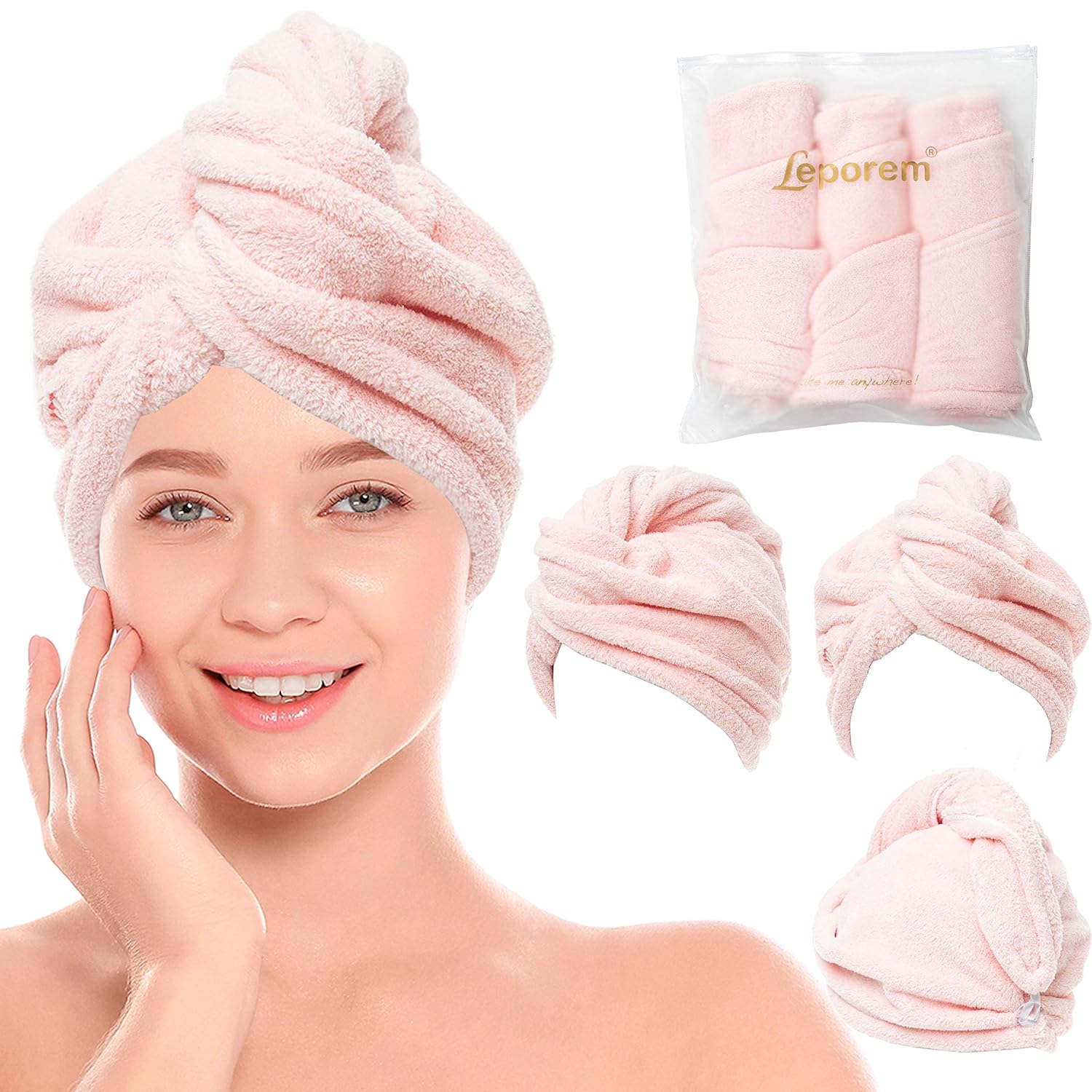 3 Pack Hair Towel - LARGE 10” X 26” Premium Microfiber Hair Towel Wrap, Super Absorbent & Quick Drying Hair Towel Turban for Dry, Curly, Long & Thick Hair, Large Beautiful Hair Wrap Towel (Pale Pink): Home & Kitchen