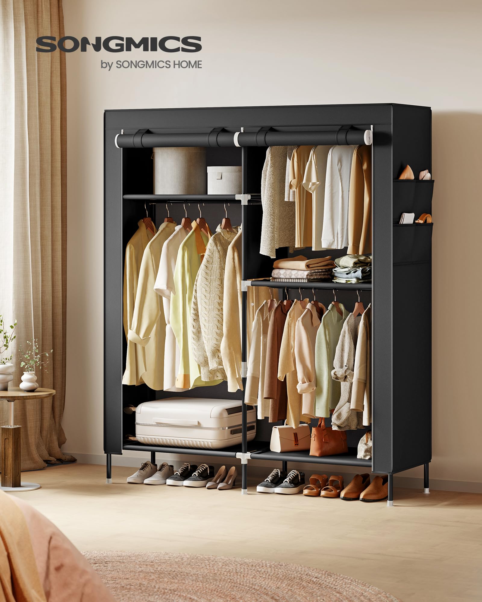 SONGMICS Kleiderschrank, Stoffschrank für Schlafzimmer, Schrank mit Kleiderstange, Ablagen, Seitentaschen, groß, 3 Hängefächer, 45 x 127 x 180 cm, schwarz RYG010BZ02 2