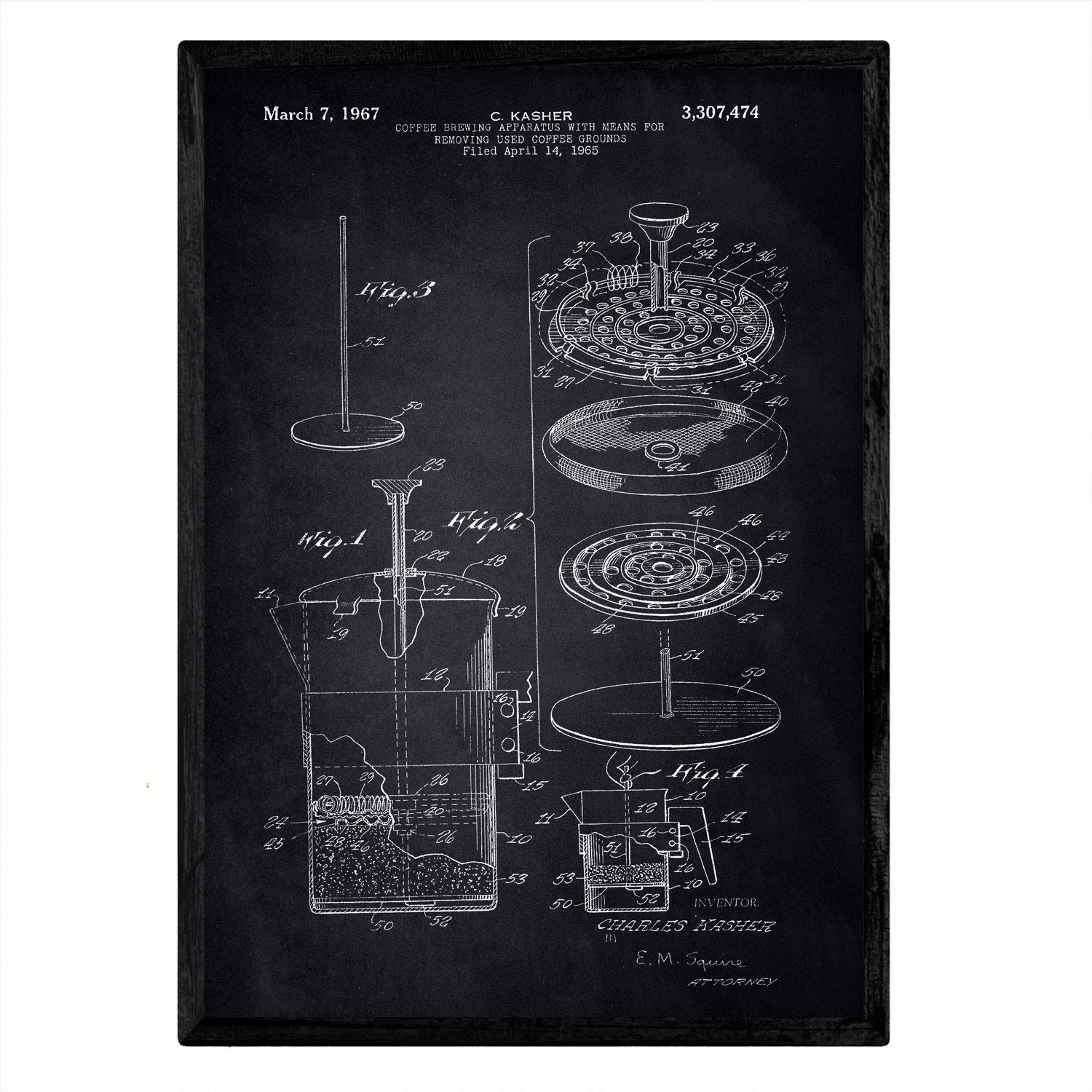 Nacnic Poster patent coffee 3. Foil with old design patent in A3 size with black background