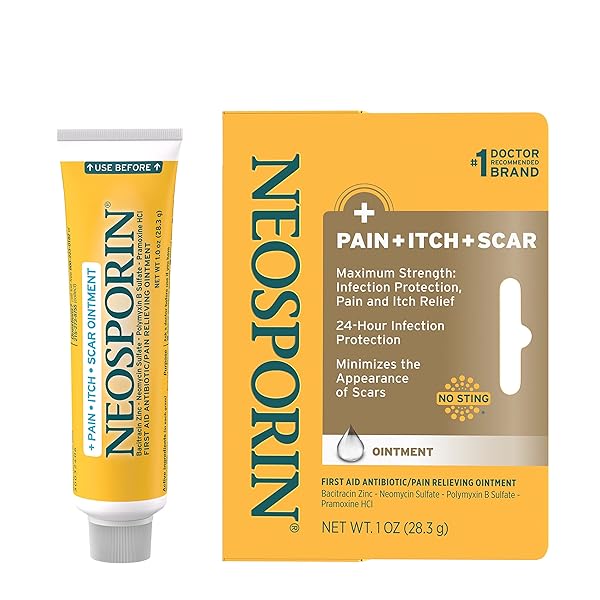 NEOSPORIN FIRST AID ANTIBIOTIC PAIN-RELIEVING, ANTI-ITCH, & SCAR OINTMENT WITH NEOMYCIN, BACITRACIN ZINC, PRAMOXINE HCL & POLYMYXIN B, FOR MINOR CUTS, SCRAPES & BURNS, 1 OZ