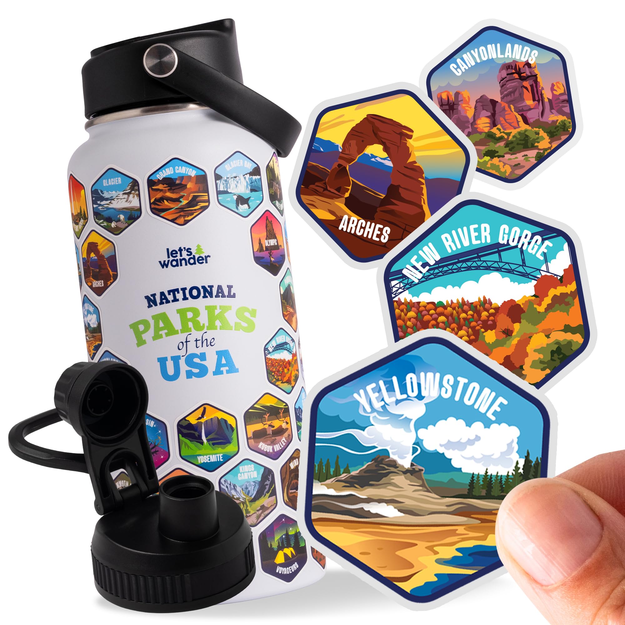 LET'S WANDER National Parks Water Bottle 2.0 Ultimate Bundle | Includes Straw Lid, Chug Lid & 2 Sets of 63 Waterproof Stickers | 32oz Leakproof Insulated Stainless Steel Gift Pack (White) Image