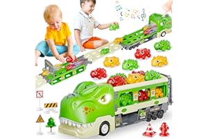 Funwee Dinosaur Truck Toys for 2 3 4 5 6 7 Year Boy Toddler, Foldable Track & 2 Player Race Mode, Light & Sound Transport Carrier W/ 6 Dino Car & 12 Accessories, Birthday Gift Idea for Kids Girls