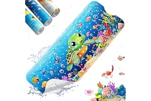 XIYUNTE Baby Bath Mat for Tub Non Slip Kids Bath Mat - 40''x16'' Extra Long Cartoon Turtle Baby Bath Tub Mat Eco-Friendly Toddler Bath Mats with Suction Cups & Drain Holes, Easy to Clean & Easy Drying