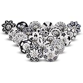 FURNISHFUL FINESSE Black &amp; White Ceramic Cabinet Knobs Pack 20 | Assorted Hand-Painted Dresser Drawer Pulls, Vintage Boho Handles for Wardrobes &amp; Cupboards