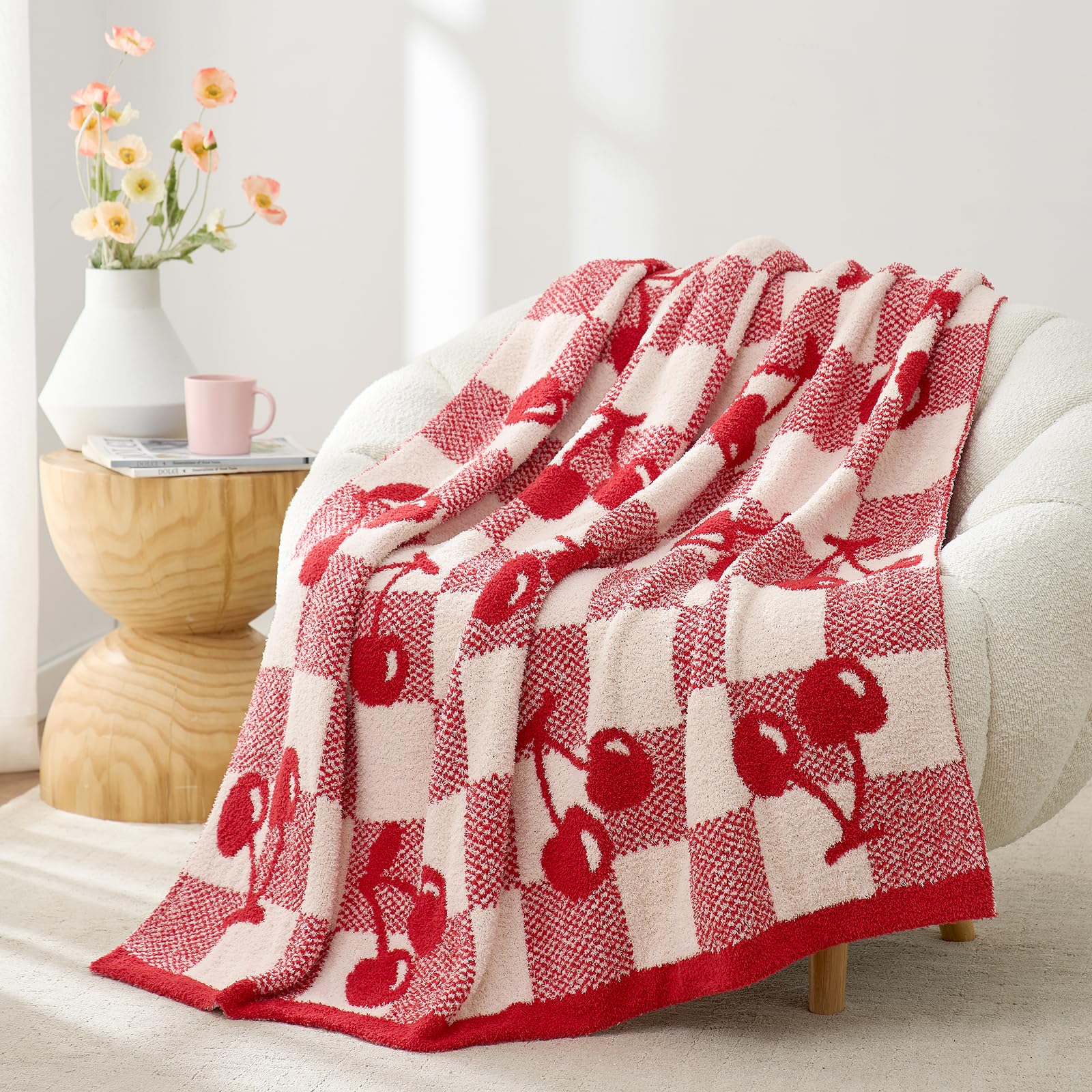 Snuggle Sac Red Cherry Throw Blanket for Couch, Microfiber Fluffy Warm Cozy Fuzzy Reversible Checkered Blankets for Sofa, Chair, Bed, 50x60 inches Image