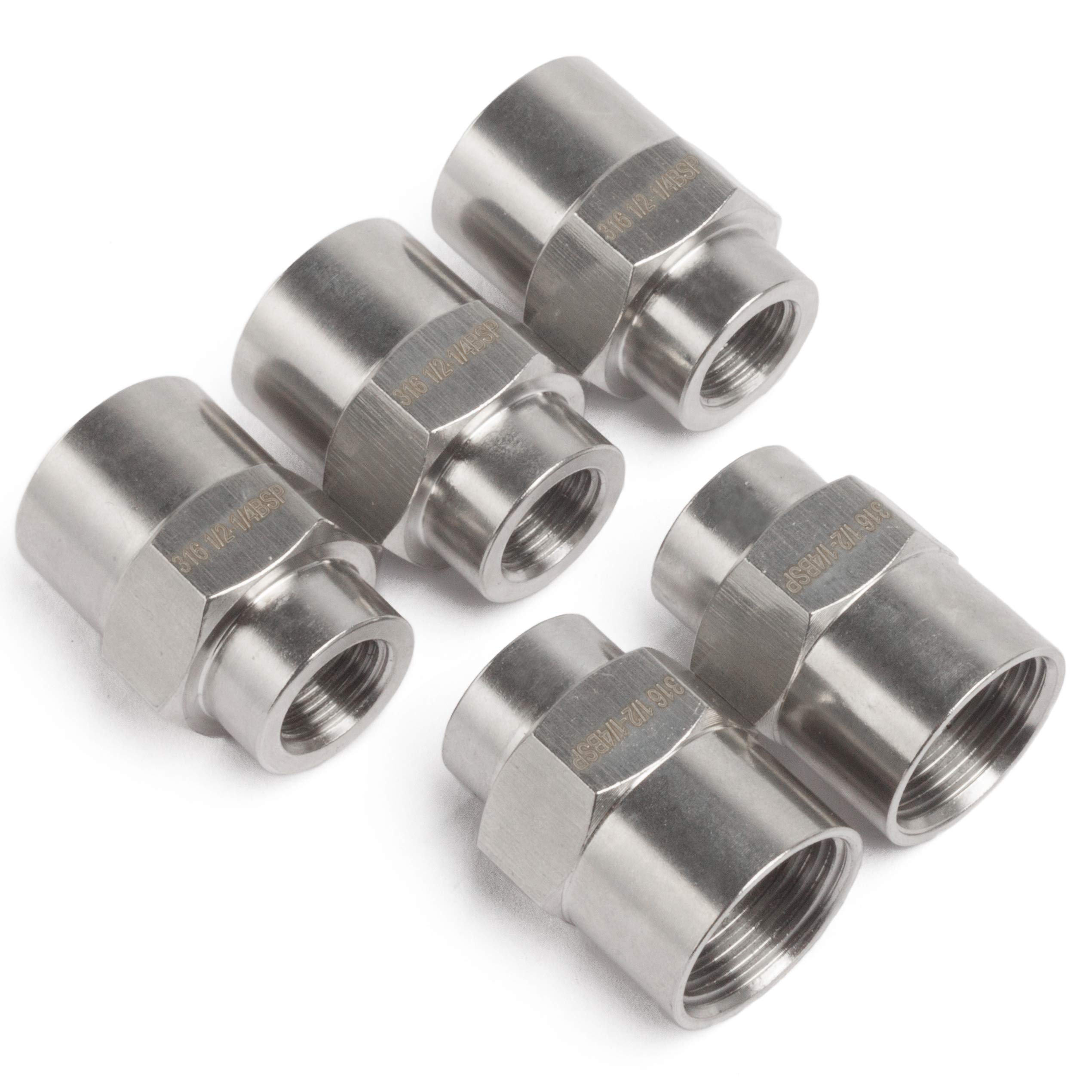 LTWFITTING Stainless Steel 316 BSP Pipe Fitting 1/2-Inch x 1/4-Inch Female BSPP Reducing Coupling Boat Air Fuel(Pack of 5)