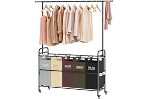 Tajsoon Laundry Sorter Cart with Hanging Rack, 5 Section Laundry Hamper, 246L (65 Gal.) Laundry Basket with Wheels, Removable Hamper Organizer for Dirty Clothes Bathroom Cloakroom, 5 Colors