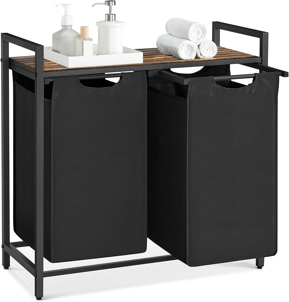 VASAGLE 2 Compartments Laundry Basket with Shelves Brown/Black Oxford Cloth