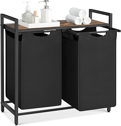 VASAGLE 2 Compartments Laundry Basket with Shelves Brown/Black Oxford Cloth