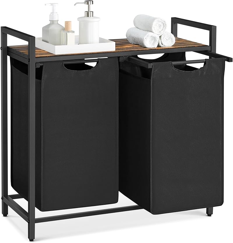 VASAGLE 2 Compartments Laundry Basket with Shelves Brown/Black Oxford Cloth