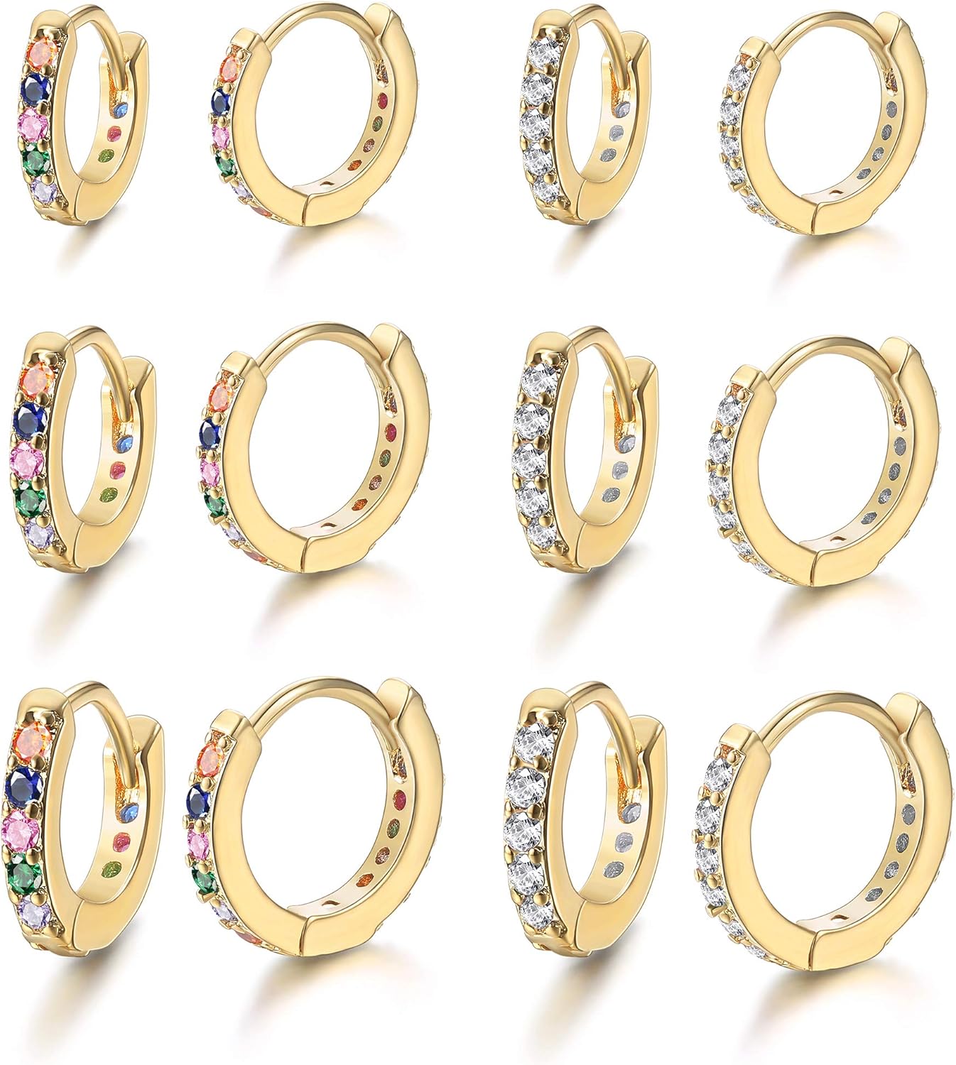 Jstyle 6Pairs Huggie Hoop Earring for Women Cubic Zirconia Earrings Rainbow CZ Multicolored Tiny Cartilage Tragus Helix Piercing Earrings