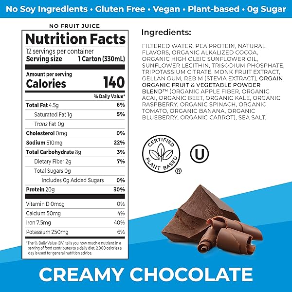 ORGAIN ORGANIC VEGAN PROTEIN SHAKE, CREAMY CHOCOLATE – 20G PLANT BASED PROTEIN, READY TO DRINK, FRUITS & VEGETABLES, GLUTEN FREE, KOSHER, NO SOY OR DAIRY INGREDIENTS, 11 FL OZ (PACK OF 12)
