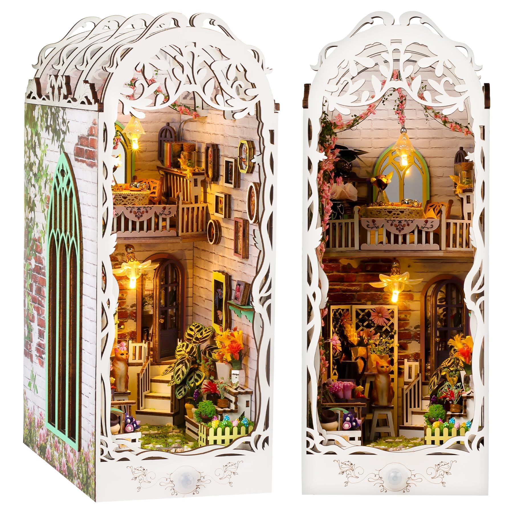 Book Nook Kit, DIY Dollhouse Book Corner Kit Villa Small housewith LED Light 3D Wooden Puzzle Bookshelf Decor - Garden