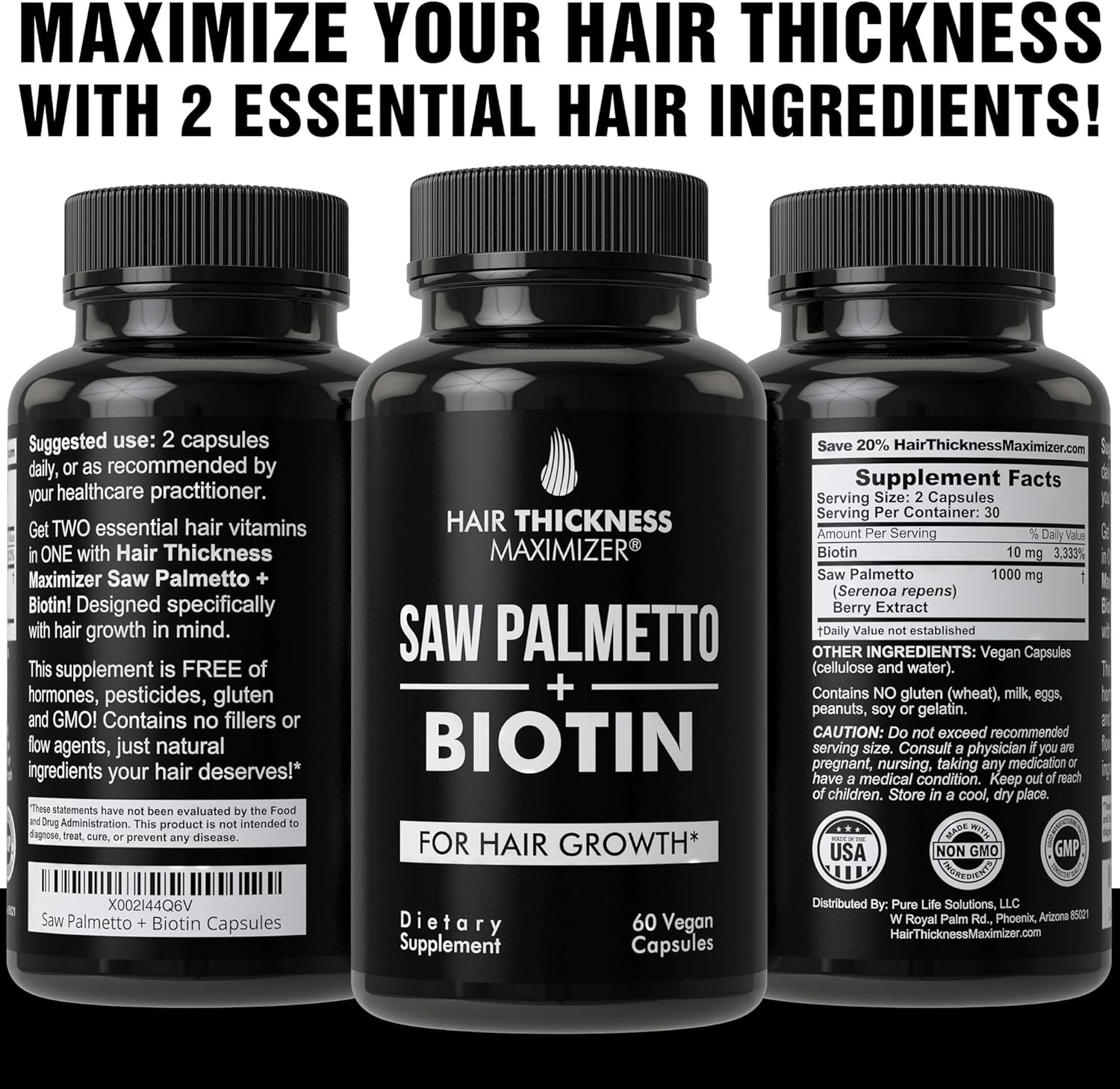 Saw Palmetto + Biotin Advanced 2-in-1 Combo for Hair Growth. Vegan Capsules Supplement with Natural Saw Palmetto Extract + 10000mcg Biotin. Hair Loss and Regrowth Pills for Men and Women. DHT Blocker: Health & Personal Care