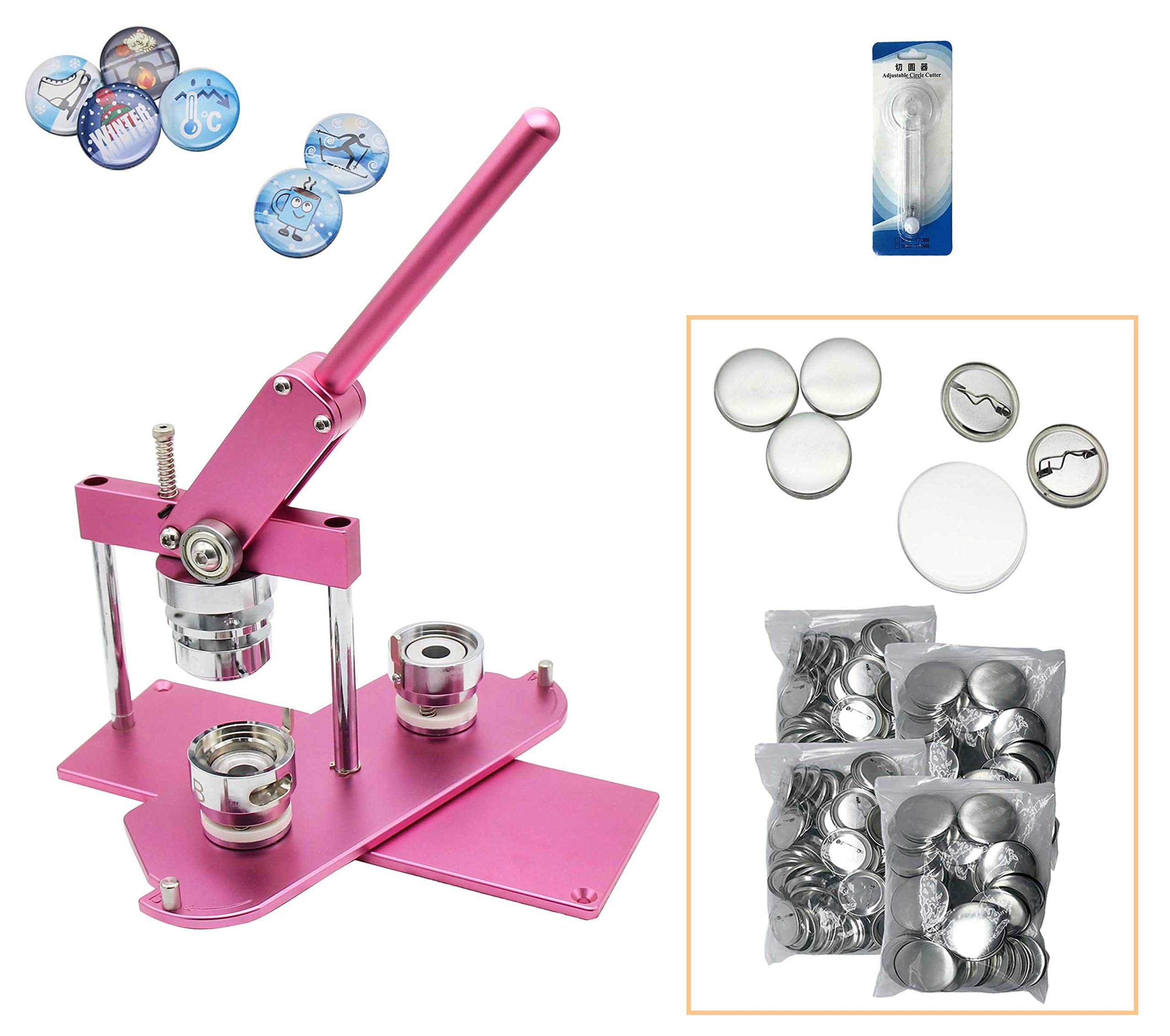 ChiButtons B400 Pro 37mm (1.5") Metric Button Maker Kit | All-Metal Press with 200 Parts, Interchangeable Moulds & Adjustable Circle Cutter | Create Promotional Badges, Custom Pins, Gifts (Pink-New)