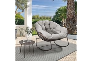 KINFFICT Outdoor Rocking Chair, Patio Oversized Wicker Egg Rocking Chair, Indoor & Outdoor Comfy Rocker Chair with Thick Cushion, Modern Lounge Chair for Balcony, Front Porch, Garden, Backyard, Deck, Beige