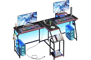 HIGDBFE 2 Person Computer Desk with Video Game Rack, Gaming Desk with LED Light, Power Strip, Monitor Shelf, Long Double Desk