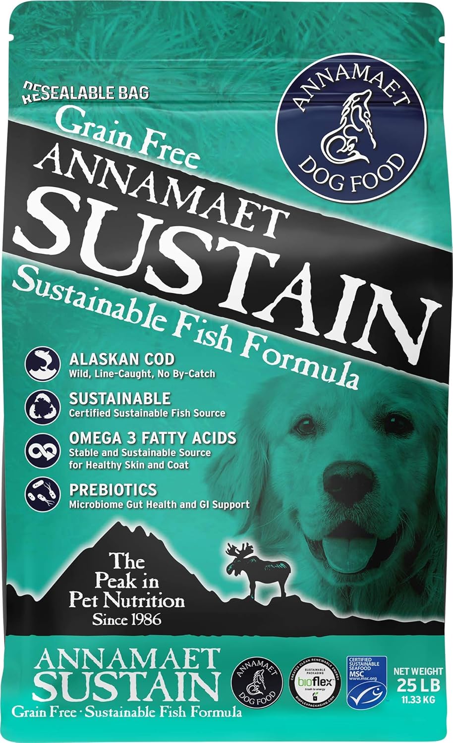 Annamaet Grain-Free Sustain Formula Dry Dog Food, (Line-Caught Cod & Free-Range Turkey), 25-lb Bag