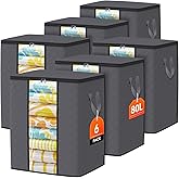 SpaceTrove Clothes Storage Bags, 6-Pack Comforter Blanket Organizers, 80L Large Capacity Containers with Visual Window for Clothing, Quilt, Sheet, Pillow, Closet Organization for Bedding (Grey)