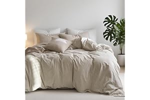 Nayoroom Brown Striped Duvet Cover Queen Size 100% Washed Cotton White Pinstripe Duvet Cover 3 Pieces Soft Breathable Girls Dorm Bedding Set for All Seasons, Yarn Dyed Process