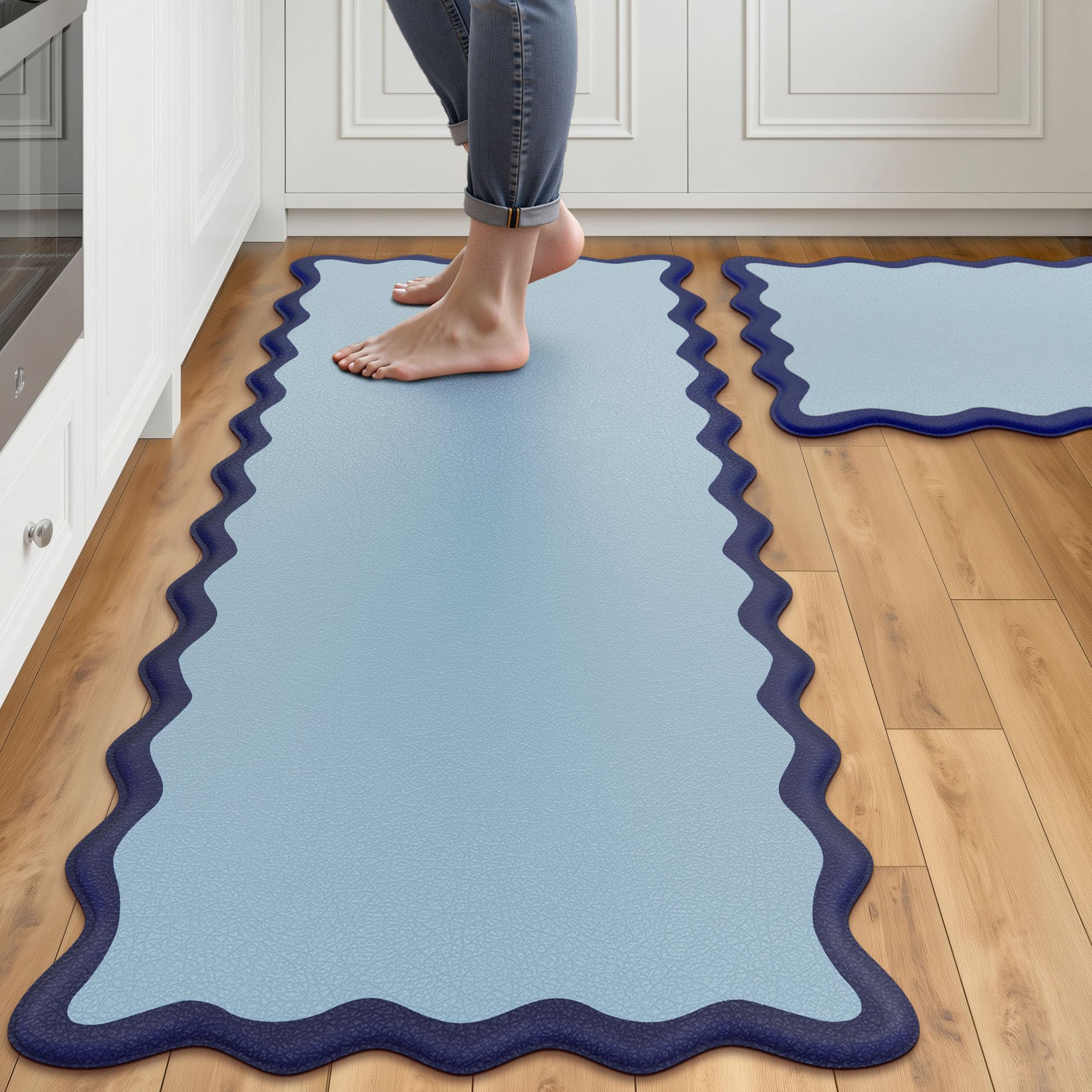 Photo 1 of Arenarug Scalloped Navy Blue Kitchen Mats Rugs Sets of 2 Cushioned Anti Fatigue Floor Mat Waterproof Kitchen Rugs Non Slip Foam Comfort Standing Mat for Sink Laundry