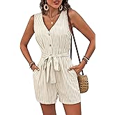Women Summer Rompers Sleeveless V Neck Button Down Linen Jumpsuit Shorts Beach Striped Rompers with Belt