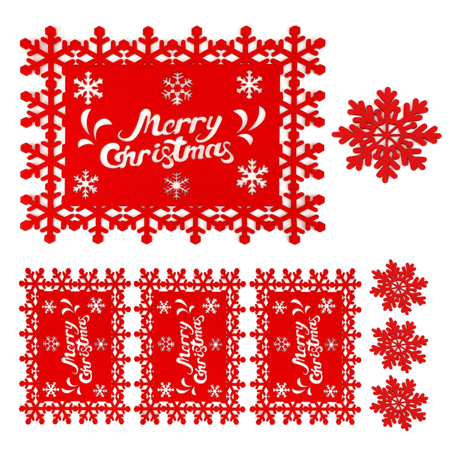 HOWAF Table Set Christmas Place Mats Washable Felt Set of 4 Red Snowflake Motif Table Coasters, 4 Christmas Placemats 34 x 26 cm + 4 Felt Coasters for Christmas Table Decoration Christmas