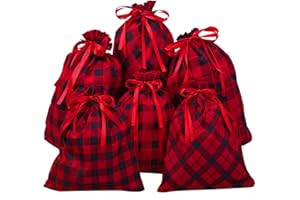 Aneco 6 Pack Buffalo Plaid Drawstring Christmas Gift Bags Christmas Sack for Gifts Cotton Cloth Red and Black Plaid Xmas Fabric Bags Assorted Sizes for Party Favor