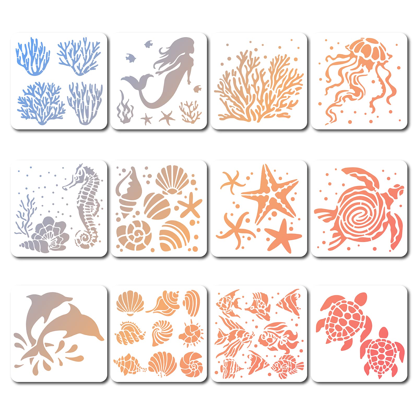 GORGECRAFT 12 Styles 18x18cm Sea Creatures Stencils Square Painting Template Coral Shell Conch Sea Turtle Starfish Tropical Fish Reusable Summer Ocean Theme Drawing Stencil for DIY Crafts scrapbooking