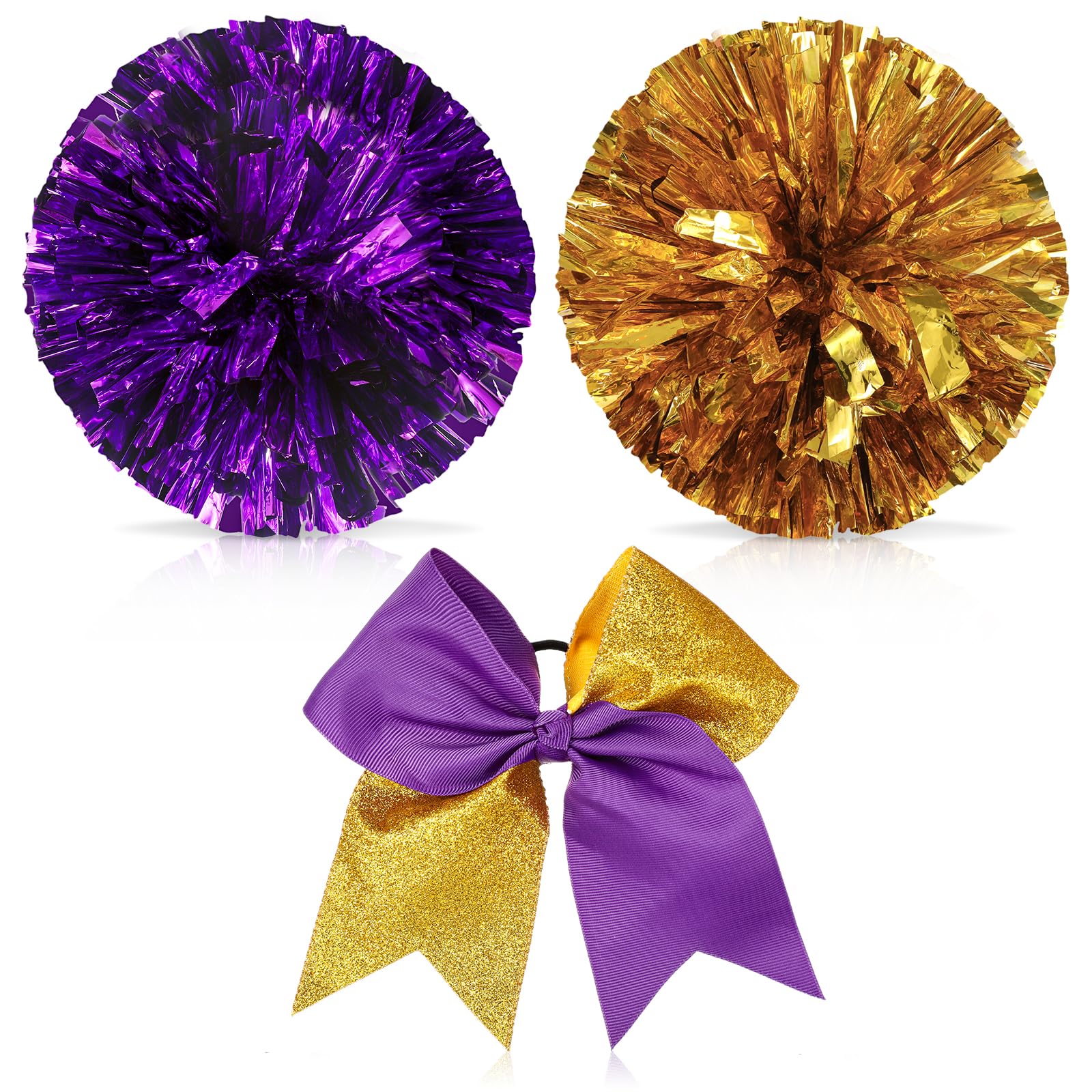 Photo 1 of Set of 3 12 Inch Cheerleading Pom Poms and Large Cheerleader Ponytail Bow Holder for Girl Large Metallic Cheerleader Pom Poms for Sports Team Cheering (Purple and Gold)