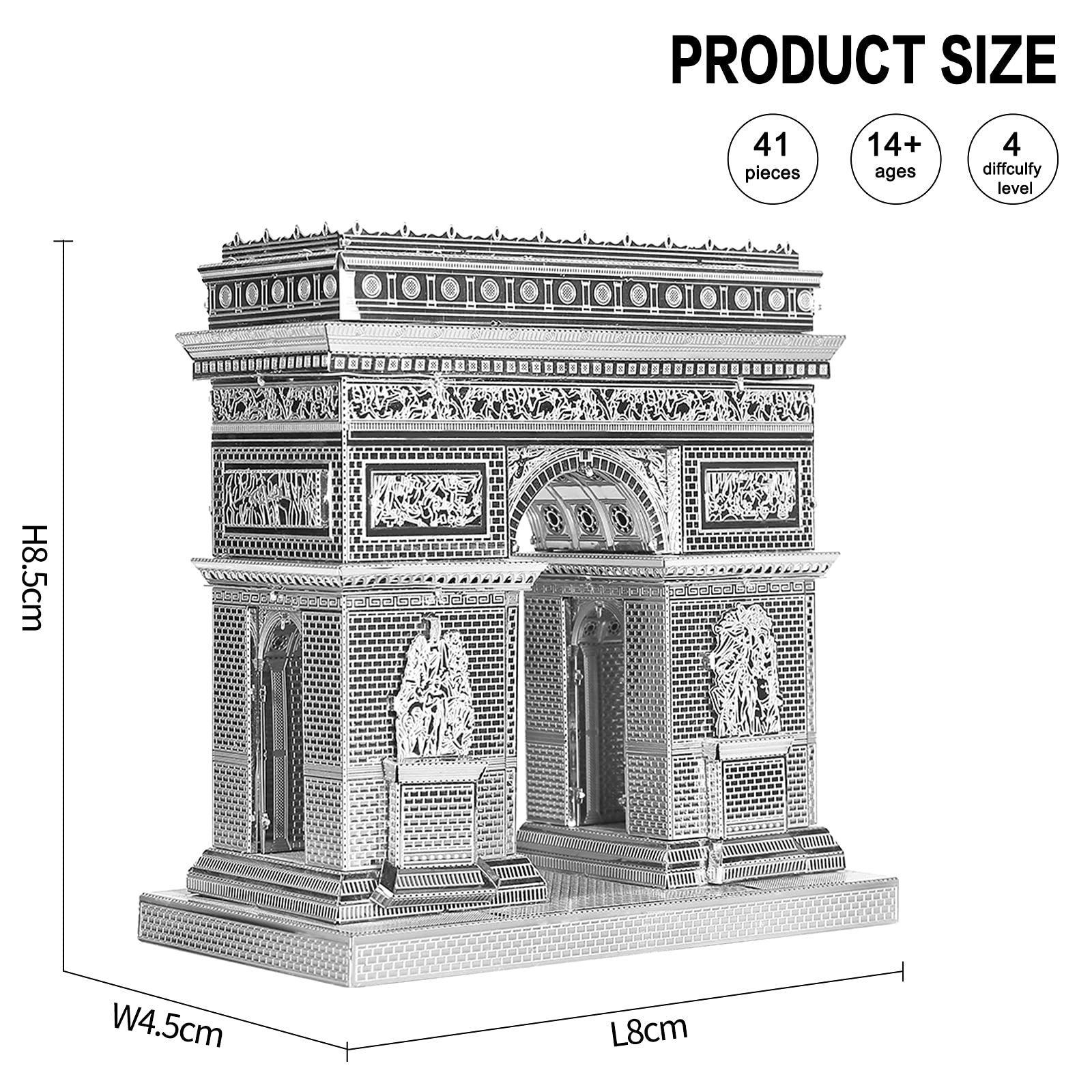 Piececool 3D Metal Puzzles for Adults, Arc De Triomphe Model Kit, France Famous Architecture Building Kit for Men DIY Handcraft Great Gifts for Birhtday Christmas, 41Pcs