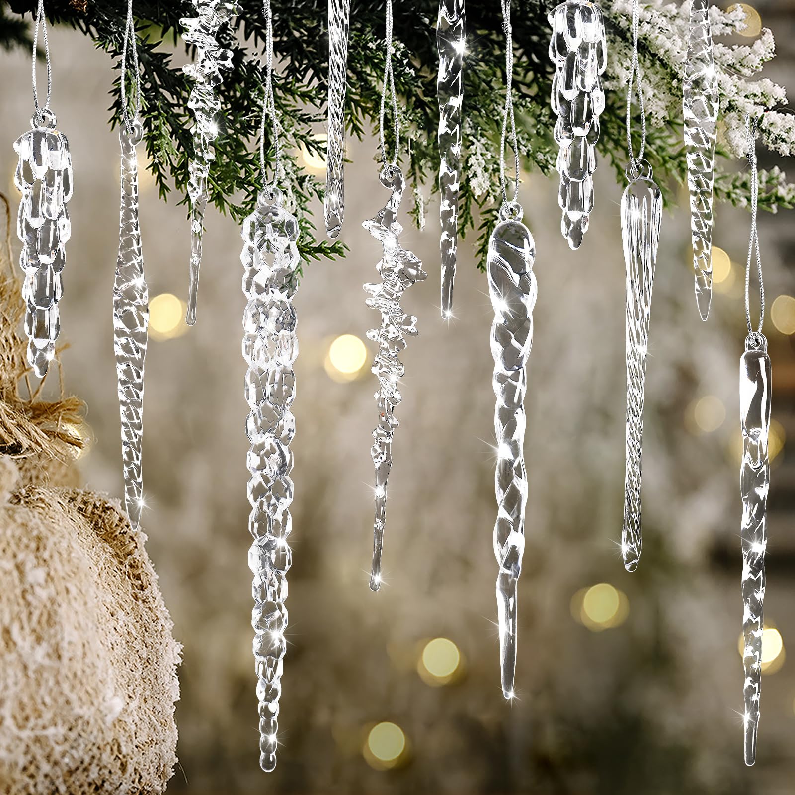 Photo 1 of OuMuaMua 100 Pcs Christmas Tree Icicle Ornaments Clear Acrylic Icicle Christmas Decoration Crystal Hanging Icicles Ornaments for Xmas Tree Winter Wedding Party Decor