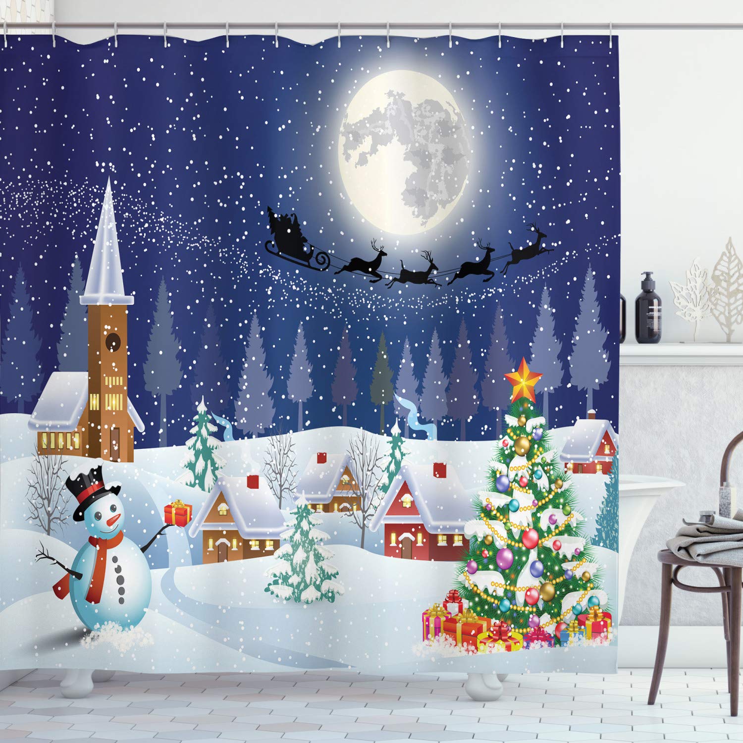 ABAKUHAUS Christmas Shower Curtain, Winter Season Snowman Xmas Tree Santa Sleigh Moon Present Boxes Snow and Stars, Cloth Fabric Bathroom Decor Set with Hooks, 94 Inches, White Blue