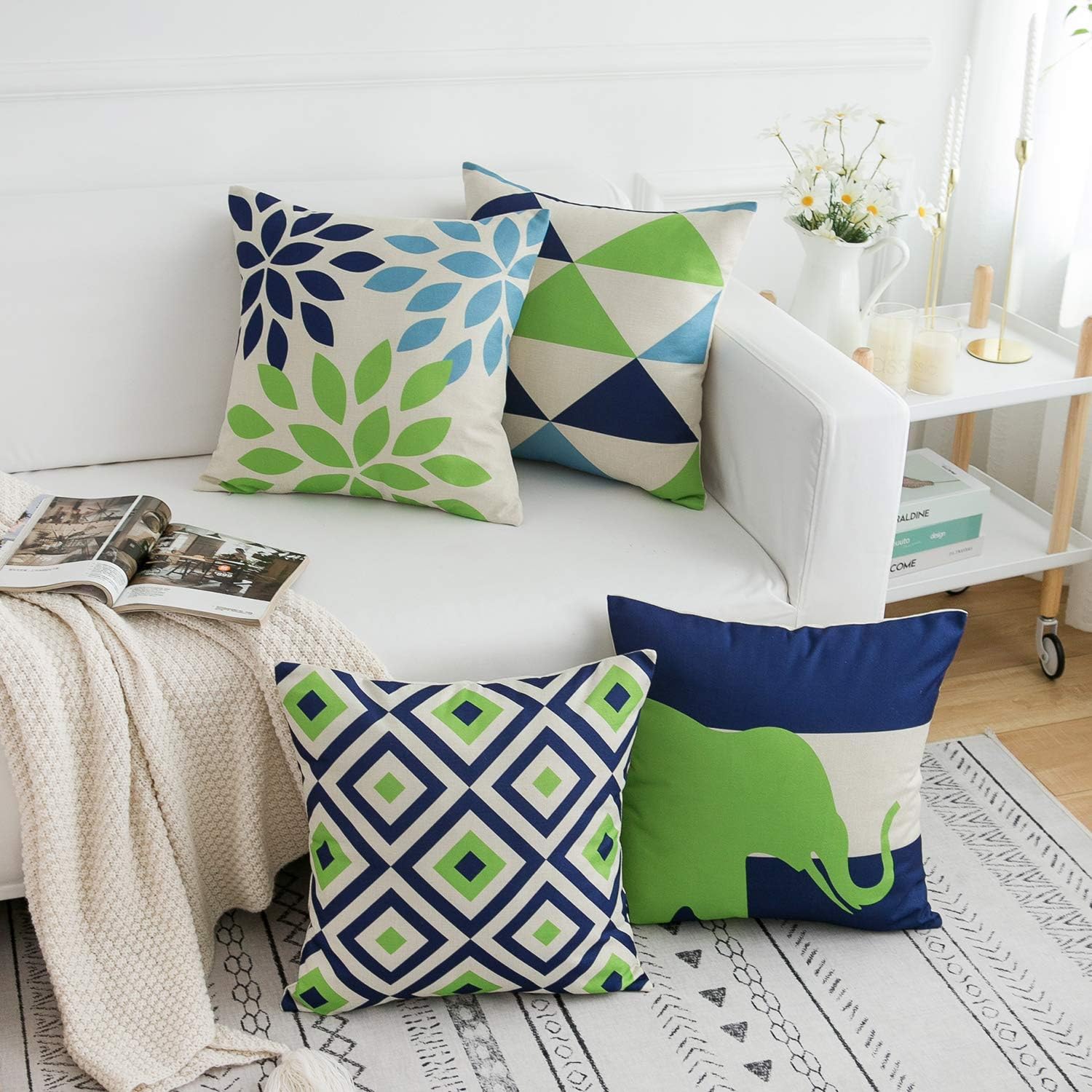 Aopota Throw Pillow Cases Decorative Geometric Style Throw Pillow Cover Cushion Case for Home Blue Green 18 x 18 Inch Set of 4