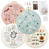 JOINRUN Beginner Embroidery Kit for Adults, 4 Pack with Video Tutorial | Pre-Printed Patterns with 7.8" Hoop, Threads and Needles, Learn Basic Stitches, DIY Needlework Craft Gift for Women