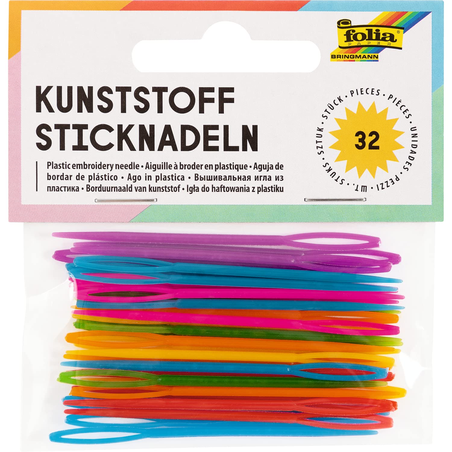 folia 2399 - Plastic Embroidery Needles, Pack of 32, Assorted Colours