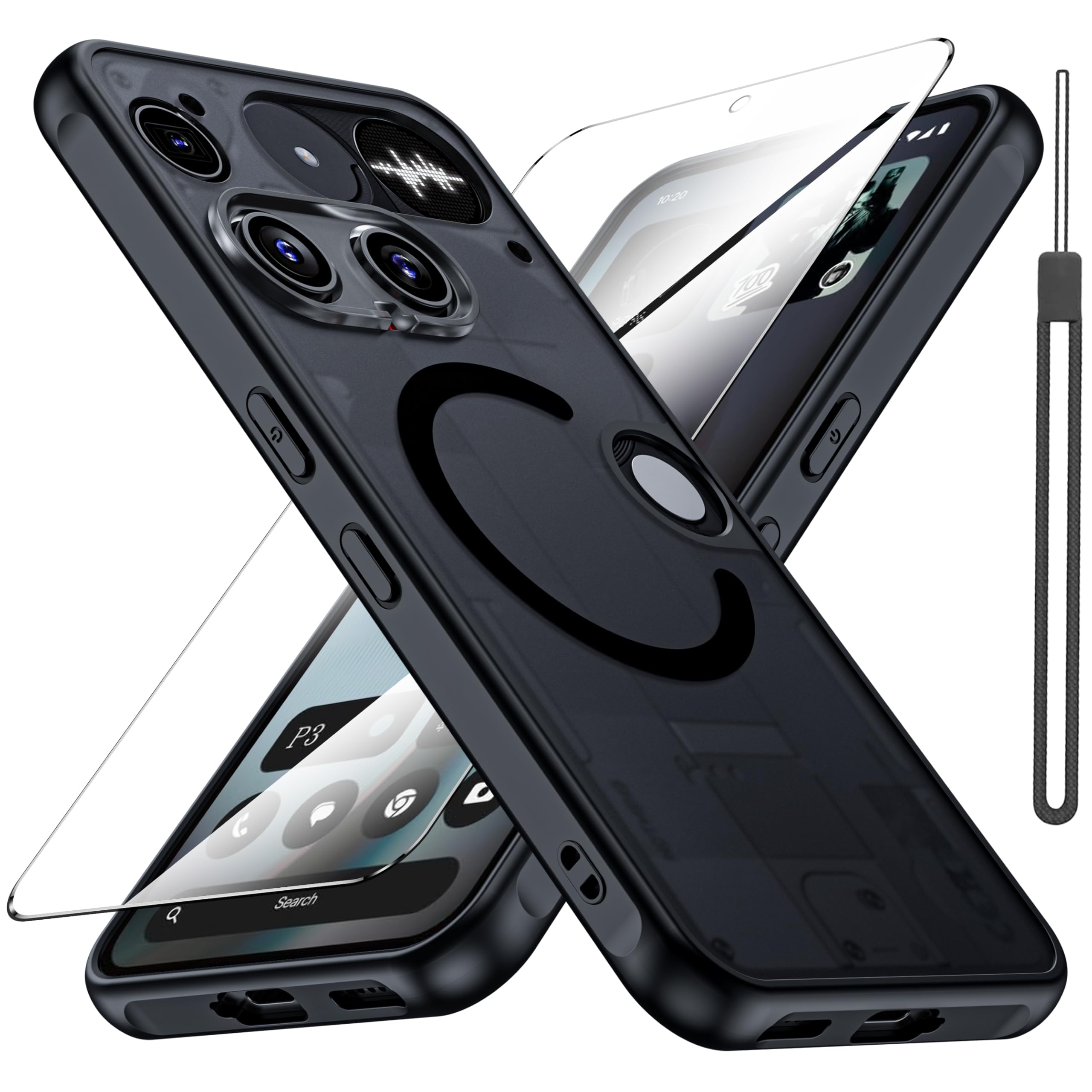 Wsaurbnit Magnetic Case for Nothing Phone 3 2025 with Screen Protector [Compatible with Magsafe][Wrist Strap] Translucent Matte Slim Protective Phone Cover(Black)