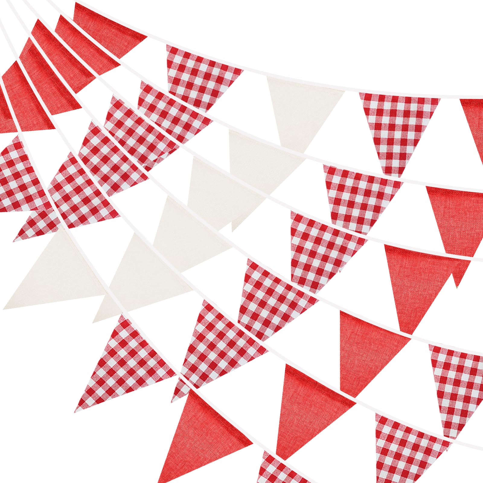 G2PLUS Burlap Fabric Gingham Bunting Banner: 36PCS Large Outdoor Triangle Flags, 10m Red and White Vintage Bunting Banner for Birthday, Picnic, Graduation Ceremony, Garden Party Decoration