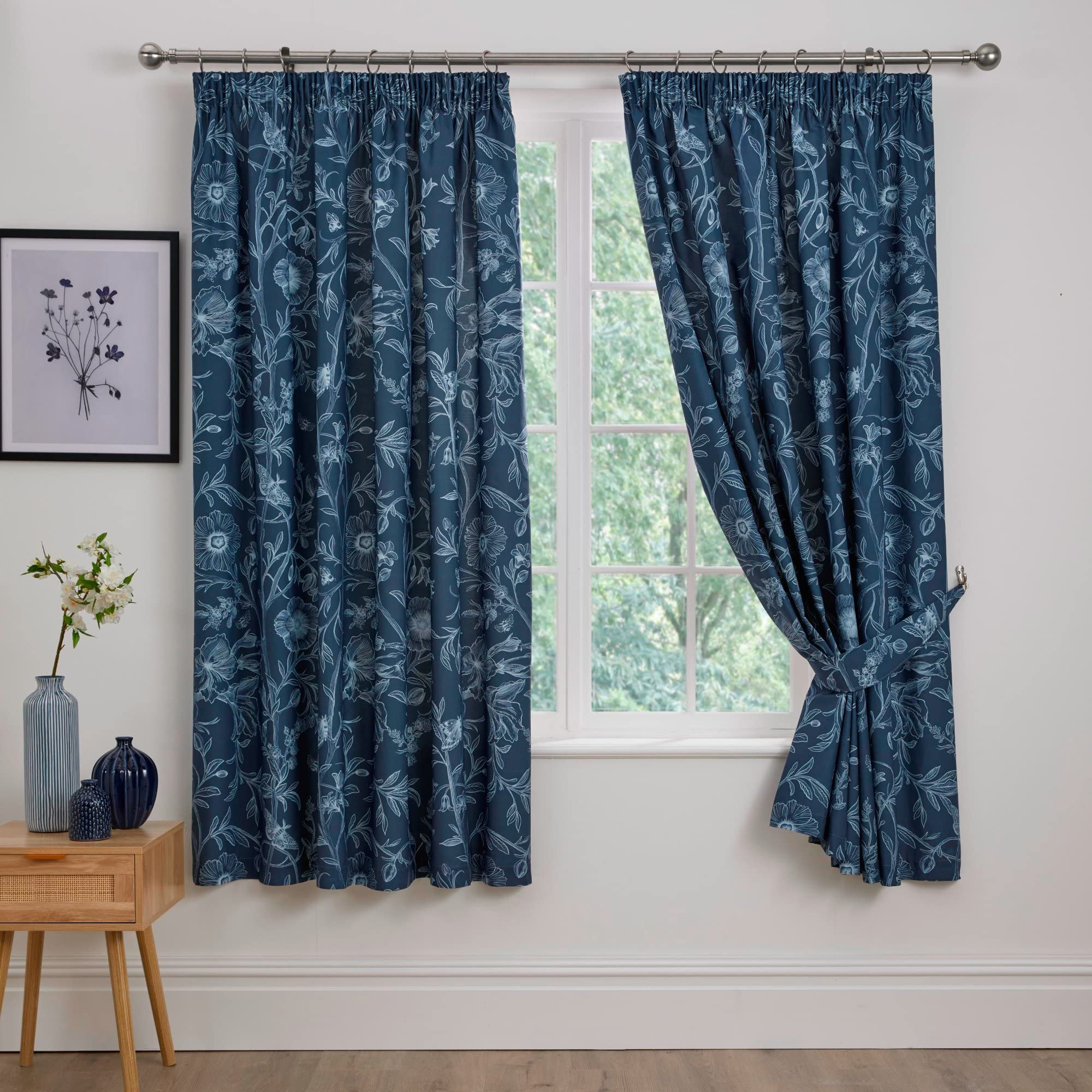 Dreams & Drapes - Blue Floral & Butterfly Curtains W66 x L72" (168 x 183cm) - with 2x Tiebacks - Navy Blue Botanical Curtains - Dark Blue Pleated Curtains with Flower & Butterfly