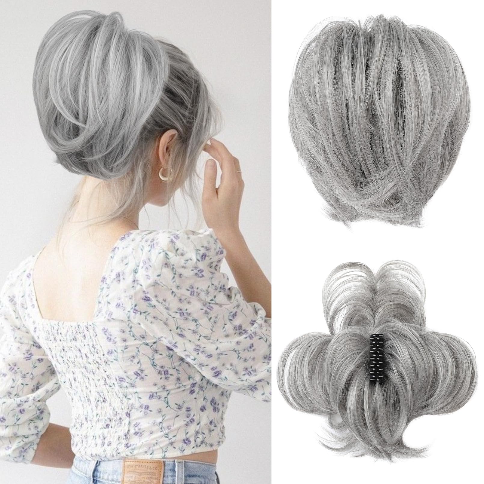 REECHO Messy Bun Hair Piece, Claw Clip Hair Bun Short Ponytail Extension with Bendable Metal Wire Fake Bun Hair Pieces for Women - Silver Grey — image 1