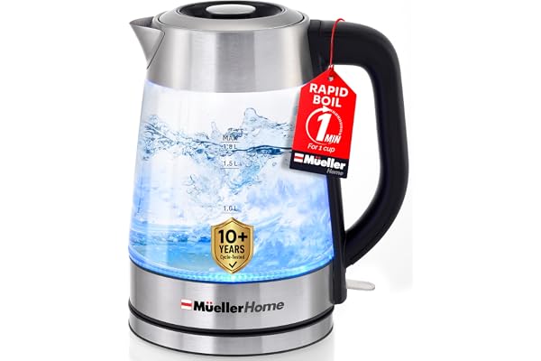 MUELLER HOME Rapid Boil Electric Tea Kettle 1.8L – Borosilicate Glass & Stainless Steel – BPA-Free Hot Water Boiler, LED Light, Auto Shut-Off, Boil Dry Protection Fast Water Heater, Kitchen Appliances