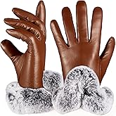 VIKIDEER Elegant Super Warm Fur Lined Gloves Women Leather Gloves Rabbit Fur Lining and Cuffs Touchscreen Driving