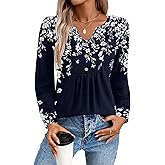 Zeagoo Long Sleeve Shirts for Women 2025 Casual Pleated V Neck Fall Tunic Tops Button Down Blouse Dressy Loose T-Shirts